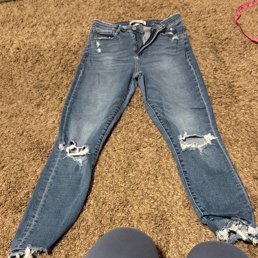 Abercrombie & Fitch Women's CURVE  LOVE Distressed Skinny Jeans - Light Blue